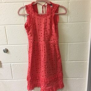 J crew coral lace embroidered dress w/ ruffle trim